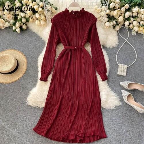 Neploe Fungus Stand Collar Slim Fit Pleated Dresses Autumn 2021 Chic Sashes Femme Vestidos Solid Color Fashion Dress Women