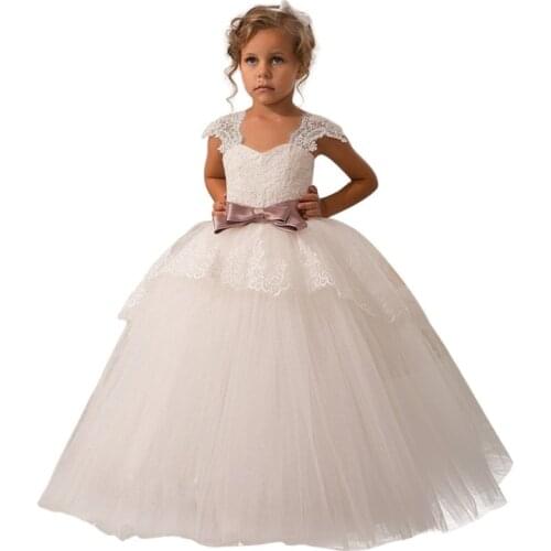 2019 New Lace Flower Girls Dresses for Wedding Ruffles Ribbon Bow Sash Girls First Communion Dresses Prom Party Gowns