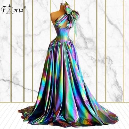 Glitter Multi Color Long Evening Dresses Robe De Longue Soiree One Shoulder Bow Colorful Prom Dress 2021 Plus Size