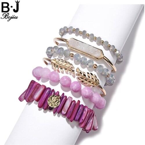 New Fashion Women Multi Layer Bracelets & Bangles Natural Stone Shell Crystal Golden Leaf Druzy Open Cuff Bracelet Set BCSET322