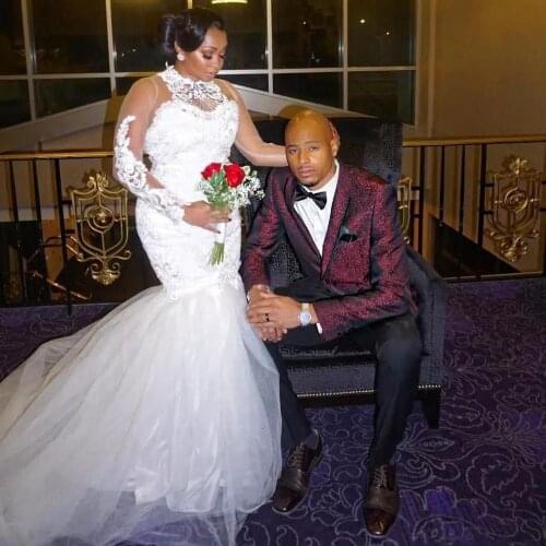 New Dubai African Long Gorgeous Mermaid Wedding Dress Vintage Arabic Long Sleeves Lace Crystal Beading Wedding Gowns