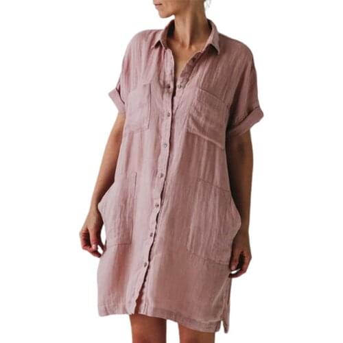 Fashion Women Dress Short Sleeve Buttons Turn-down Collar Irregular Pocket Shirt Dress Streetwear robe femme платья для женщин