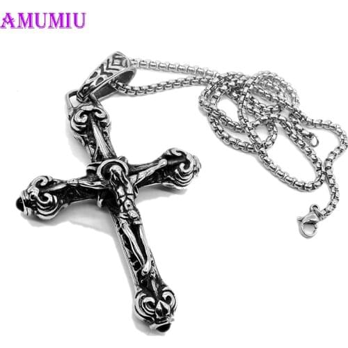AMUMIU Religion Cross Jesus pendant & necklace punk stainless steel jewelry fashion chains trendy male soldier P118