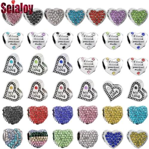 Seialoy Silver Color My Love Heart Beaded Rhinestone Heart-shaped Beads Fit Diy Bracelets Necklace Jewelry Making Accessories