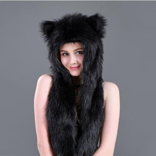 Faux Fur Animal Hat Scarf Gloves Winter Mittens 3 In 1 Function Hoodie with Paws Ears NIN668