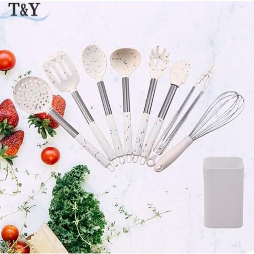 T&Y 9pcs New Colorful Non-Stick Silicone Utensil Kitchenware Cooking Tool Sets with Half Stainless Steel Handle, Kitchen Tools
