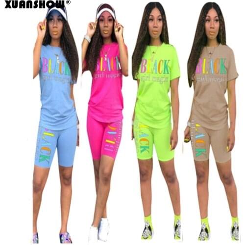 XUANSHOW Plus Size Summer 2020 Two Piece Set T shirt and Shorts 2 Piece Set Women Club Outfits Matching Sets Sportwear Clothes