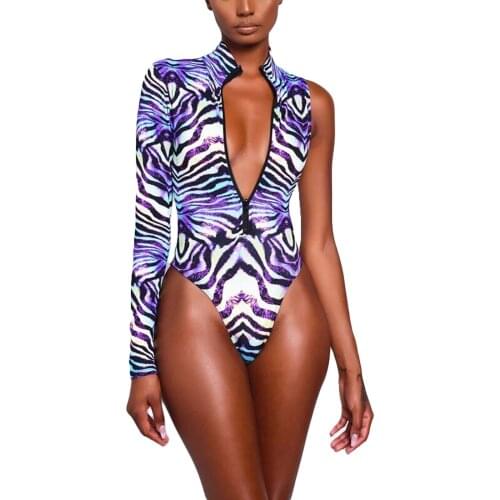 Womens Leopard One-piece Swimsuit Single Long Sleeve Zipper Closure High Collar Swimwear Sun-proof Surf Suits 2021 Summer
