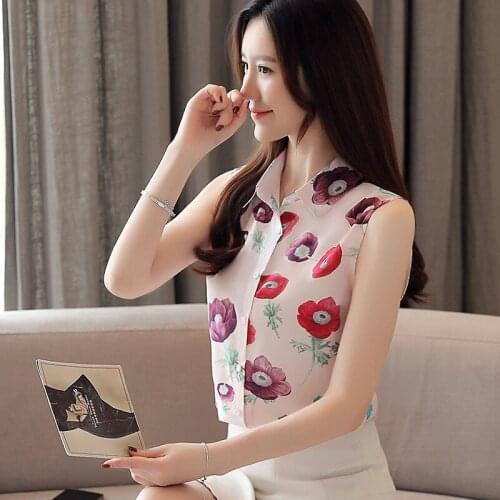 2021Fashion Chiffon Printed flowers Casual Ladies Shirt ladies tops Women sleeveless Korean summer Blouse