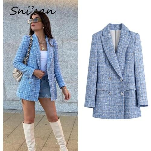 Vintage Tweed Plaid Jacket Coat With Pocket Double Breasted Autumn Winter Office Ladies Veste Tops Za 2021 Women Chaqueta Mujer