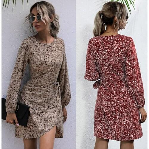 Women Dress Irregular Long-Sleeved Leopard-Print Slim Dress 2021 Autumn Women New Mid-Waist Hedging Short Printed Dress