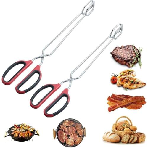2Pcs Stainless Steel Barbecue Grilling Tongs Scissor Clip Food Bread Clamp Kitchen Tongs Long Easy Grip Toaster for Cooking BBQ