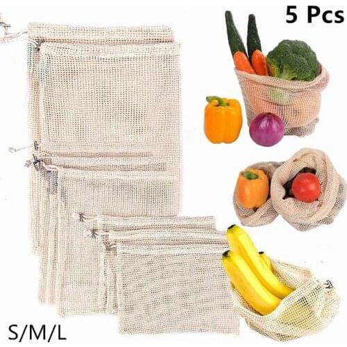 5PCS Reusable Fruit Vegetable Cotton Storage Bags Washable Mesh Bags with Closed Drawstring
