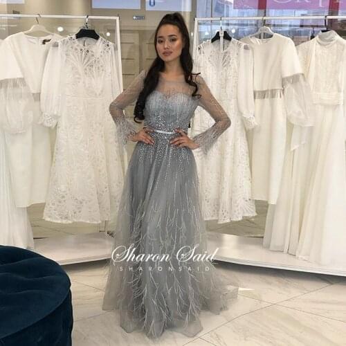 Arabic Long Sleeves Silver Evening Dress Dubai Feahers Sequin Gold Muslim Formal Dresses 2021 Elegant Long Burgundy Party Gowns