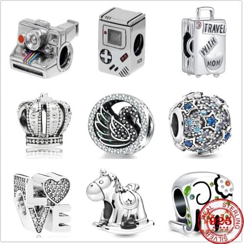 Genuine 925 Sterling Silver Round Trunk Crown Swan Pony Pattern Openwork Beads Fit Original Pandora Bracelet Charm Jewelry Gift