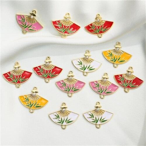 Julie Wang 5PCS Enamel Folding Fan Charms Alloy Mixed Colors Chinese Painting Bamboo Pendant Bracelet Jewelry Making Accessory
