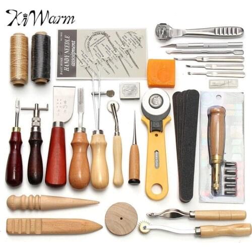 KiWarm Professional 37/61/18Pcs Leather Craft Tools Kit Hand Sewing Stitching Punch Carving Work Saddle Leathercraft Accessories