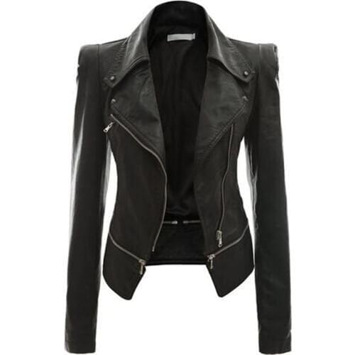 Gothic Soft Leather Women Autumn Jacket Black Moto Jacket Zippers Long Sleeve Female PU Faux black leather jacket plus size 4xl