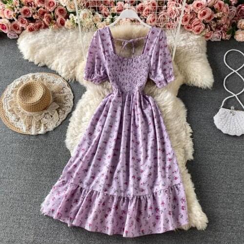 Summer Long Dress Floral Print Purple Square collar Casual Pleated Dresses 2021 New Sundress Sweet Clothes For Women