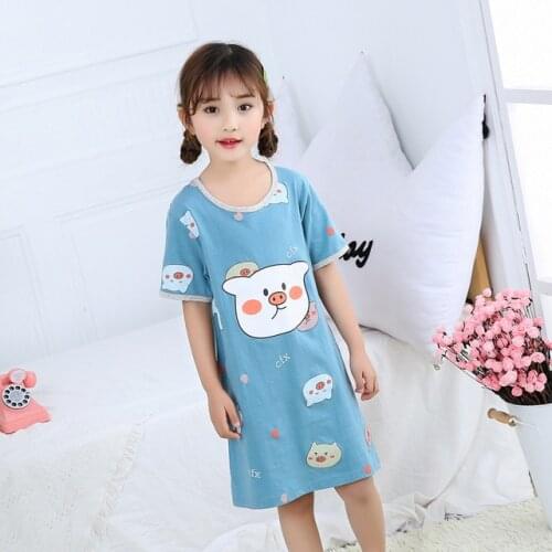 Summer Girl Princess Nightgown For Teens Girls Kids Night Dress Cotton Blue Pig Cute Children Pajamas Home Dress Toddler Nighty