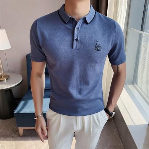 Summer Ice Silk Knitting Men POLO Shirt Solid Color Lapel POLO Shirt Slim Short-sleeved Casual Embroidered Logo Top Male Clothes