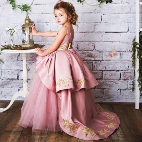 Lolital Real Image Pink Long Girls Custom Made Pageant Birthday Party Kids Gold Lace Tulle Flower Girls Dresses for Wedding