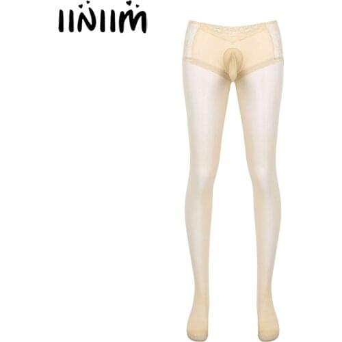 Mens Skinny Pantyhose Lingerie Exotic Teddies Jockstraps Bulge Pouch See-through Open Butt Sissy Lace Patchwork Tights Hosiery