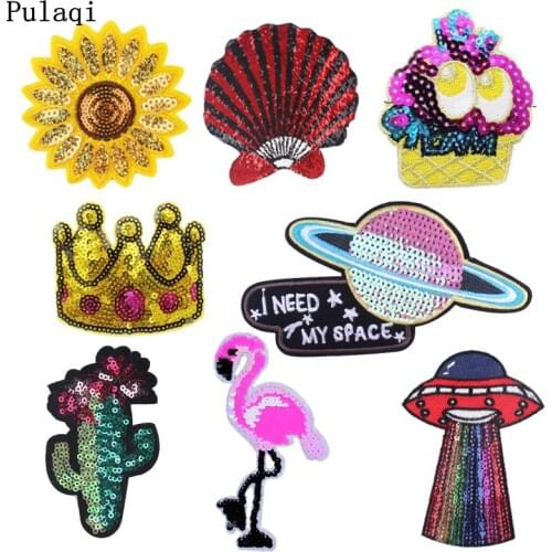 Pulaqi Sequins Planet Crown UFO Patch Iron On Patches Embroidery Patches For Clothing Cartoon Style Badges On Garment DIY Decor
