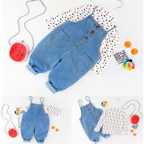 New Girl Autumn Suit Girl Baby Long-Sleeved Rainbow Heart Bottoming Shirt + Overalls Suit
