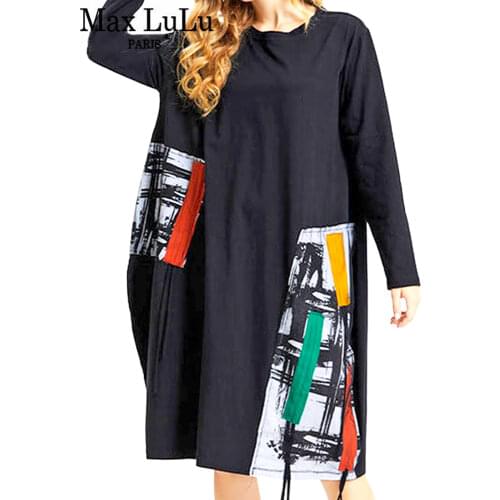 Max LuLu Autumn 2021 Fashion Style Women Black Printed Dress Ladies O-Neck Loose Long Sleeve Dresses Female Punk Casual Clothing