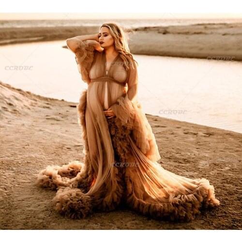 Maternity Shoot Dress Pink Evening Prom Ruffles Robe Long Sheer Fluffy Wedding Dressing Gown Long Sleeves Maxi Bridal Nightgown