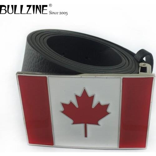 Bullzine zinc alloy Canada flag Belt buckle jeans gift belt buckle silver finish free PU belt FP-01551 drop shipping