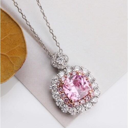 Luxury Crystal Pink Square Pendant Necklace For Women Jewelry Trendy Champagne Clavicle Necklace Girls Choker Accessories Female