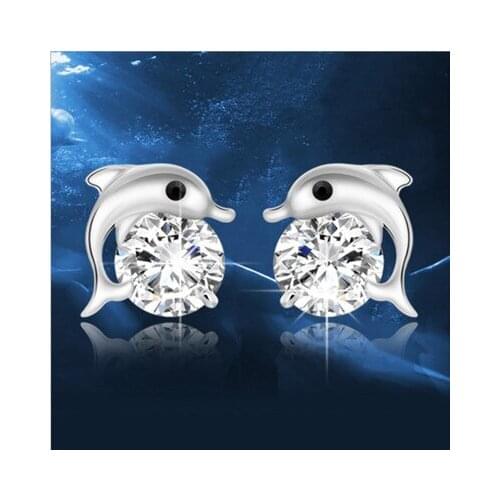 S925 AAA Cubic Zirconia Dolphin Ear Needle Korean Lady Animal Piercing Ear Jewelry Нательные украшения серьги 2021 тренд