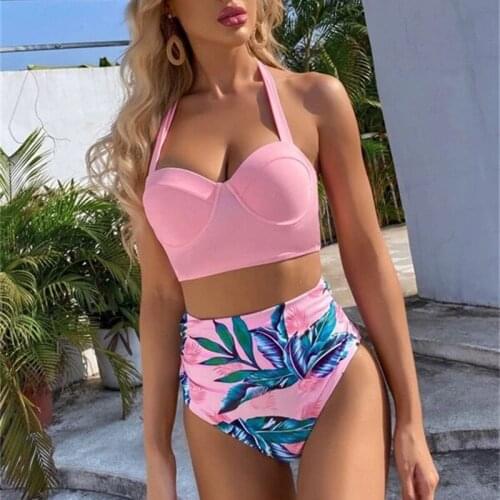 Sexy High Waist Bikinis 2021 New Halter Swimwear Women Swimsuit Female Bikini Set Print Bodysuit Bathing Suit Summer Biquini