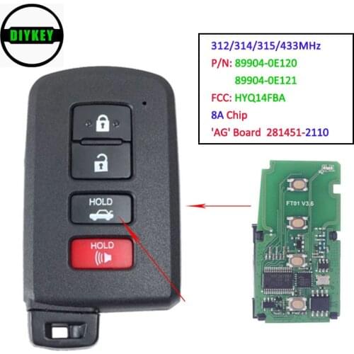 DIYKEY HYQ14FBA 281451-2110 89904-0E121 4 Button Keyless Smart Card Remote Car Key Fob for Toyota Highlander Kluger 2014-2019