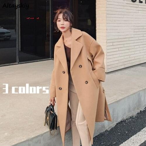 Blends Women All-match Casual Elegant Long-style Solid Side-slit Design Fashionable Ins Fitting Loosely Simple Feminino Outwear