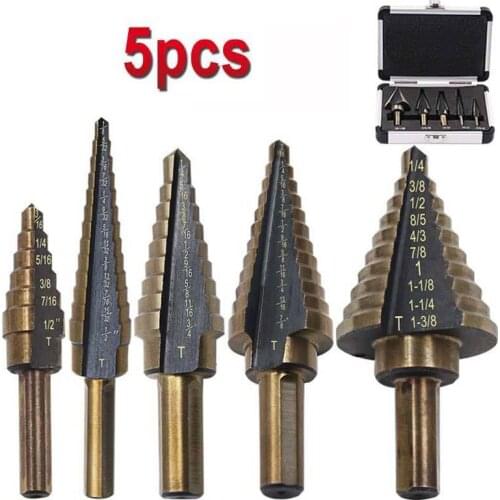5pcs HSS High Speed Steel Step Drill Bit Cobalt Step Drill with Aluminum Case for Metal Wood Hole Cutter Core Drill Bit