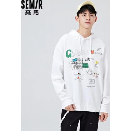 SEMIR Hoodie Men Drawstring Fashion Trend Pattern Hoodies 2021 Spring New Loose Long-Sleeved Hooded Sweatshirt Men