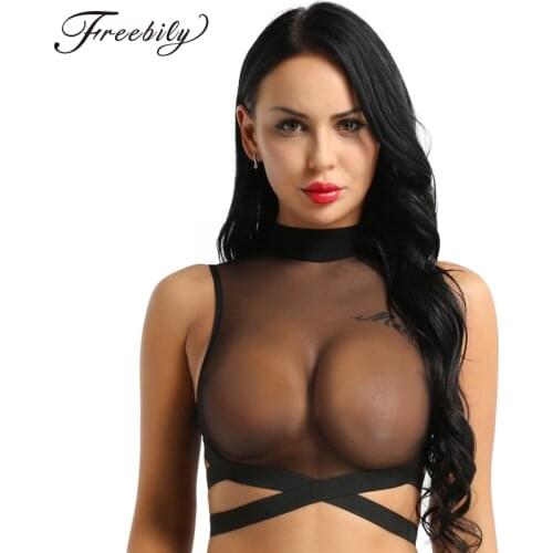 Fashion Womens Sexy Clubwear Tanks Tops Sleeveless Sheer Mesh See-through Zipper Back Elastic Strappy Criss Cross Tees Crop Top