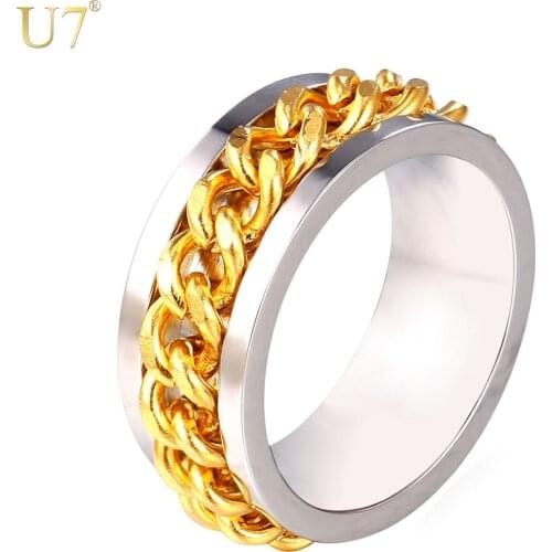 U7 New Stainless Steel Mens Ring Jewelry Trendy Gold Color Party Gift Men Brand Jewelry 8MM Round Chain Band Ring R431