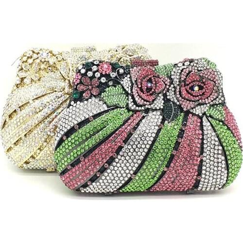 Women evening party bag diamonds luxury crystal clutch bridal wedding party purse handbag wallet bag rose flower crystal purses