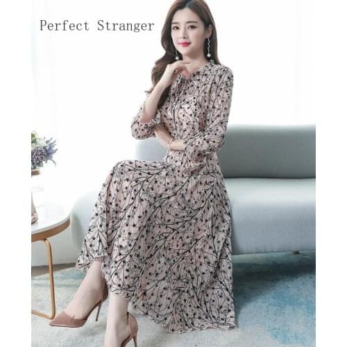 2020 Spring New Arrival High Quality Plus SizeS-3XL Round Collar Flower Printed Women Chiffon Long Dress