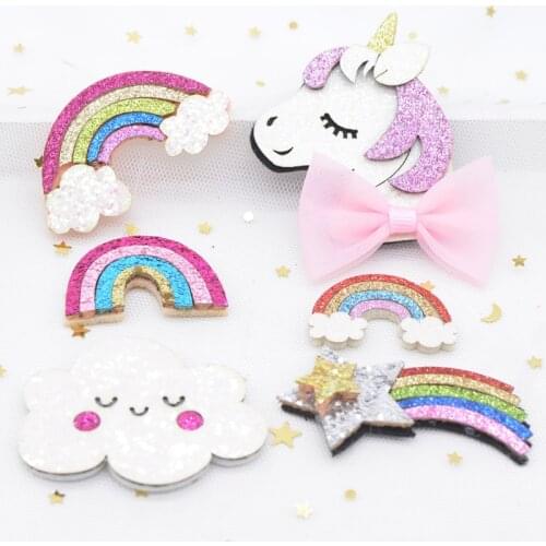 10Pcs Kawaii Unicorn Clouds Meteor Rainbow Applique for DIY Clothes Hat Sticker Headwear Hair Clips Bow Accessories Patches L50