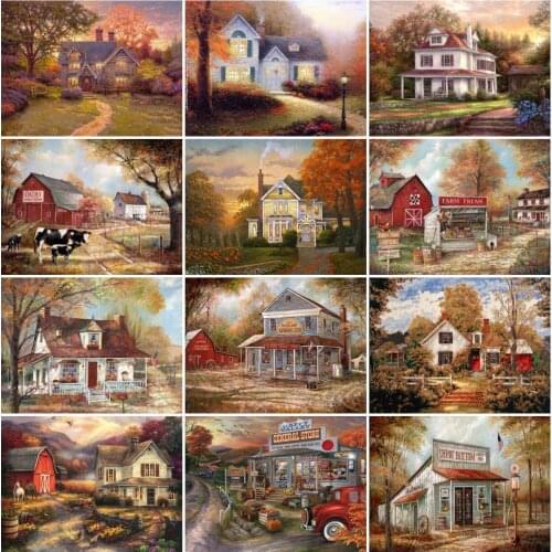 AZQSD 5D Diamond Embroidery House Autumn Mosaic Diamond Painting Landscape Cross Stitch Kits Rhinestones Handmade Home Decor