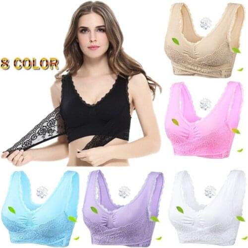 8Colors Womens Fashion Gym Sports Bras Lace Front Buckle Full Support Yoga Bra No Rims Activewear Size S-XXXL