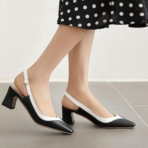 COOLULU 2020 Women Square Toe Slingback Pumps Block High Heel All Elegant Ladies Pumps Shoes Women Spring Shoes Size 32-48