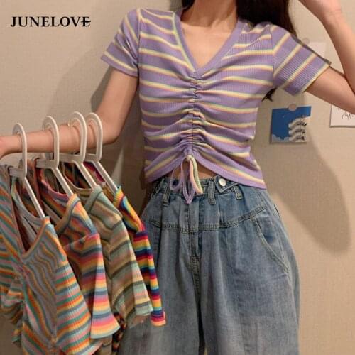 JuneLove Summer Street Fashion Rainbow Striped Tees Cute Tops V neck Drawstring Knitted Casual Blouse Going Out Omighty Tops