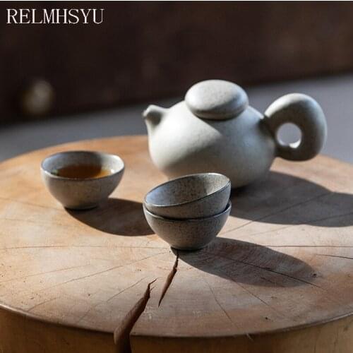 RELMHSYU Nordic Style Ceramic Retro Grey Teapot Set Personality Tea Water Coffee Cup Pot Set Drinkware Restaurant