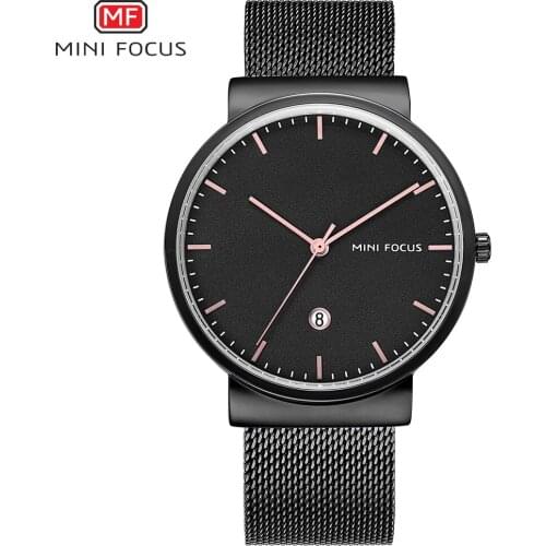 MINI FOCUS Mens Luxury Quartz Watches Waterproof Business Dress Wristwatch Man Mesh BandRelogios Masculino Clock MF0184G Black